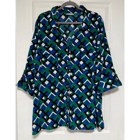 Catherines Women's Geometric Button Front 3/4 Sleeve Top Size 3X - Picture 1 of 14